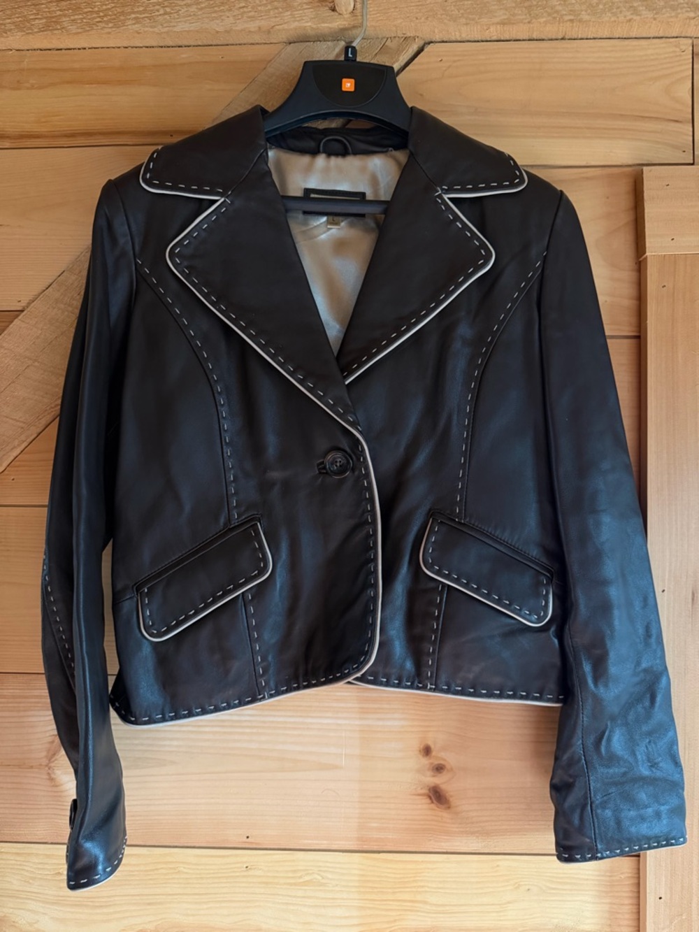 Wilsons Leather Dark Brown Leather Blazer with Contrast Topstitch